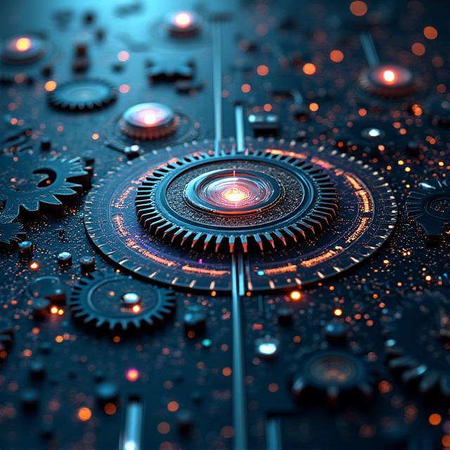 抽象的な歯車とデータフローで表現されたChronos Engineの概念図